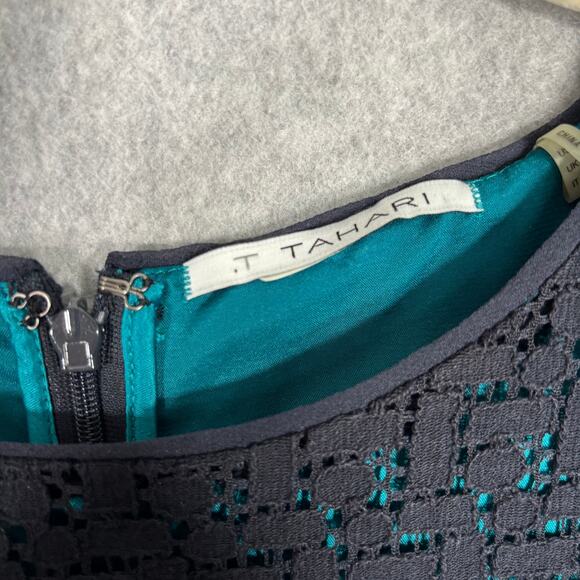 Tahari Dress 14 Navy Turquoise Lace‎ Sheer Mod Career Church Southern 50s Preppy - Picture 5 of 15